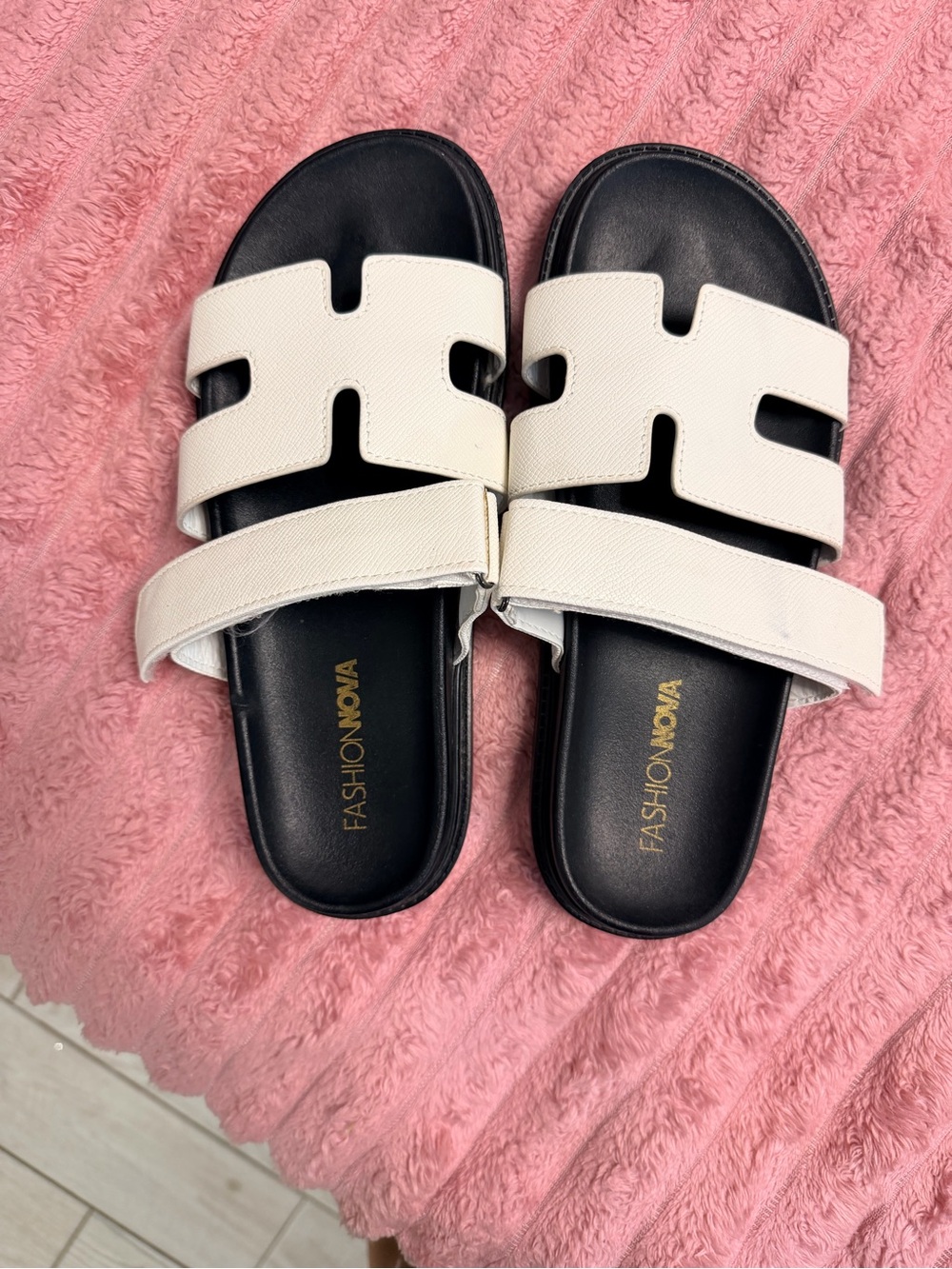 Fashion Nova White Double-Strap Slide Sandals with Black Footbed